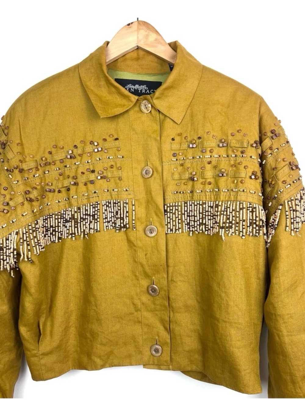 Vintage Ellen Tracy Western Fringe Beaded Linen Jacket